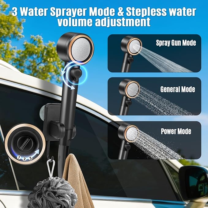 Upgraded Portable Shower, 8000mAh Rechargeable Camping Shower Pump with Intelligent Display, 5 Pressure Modes, IPX8 Waterproof Lightweight Pocket Outdoor Shower Pump Kit for Hiking, Travel, Car, Pet
