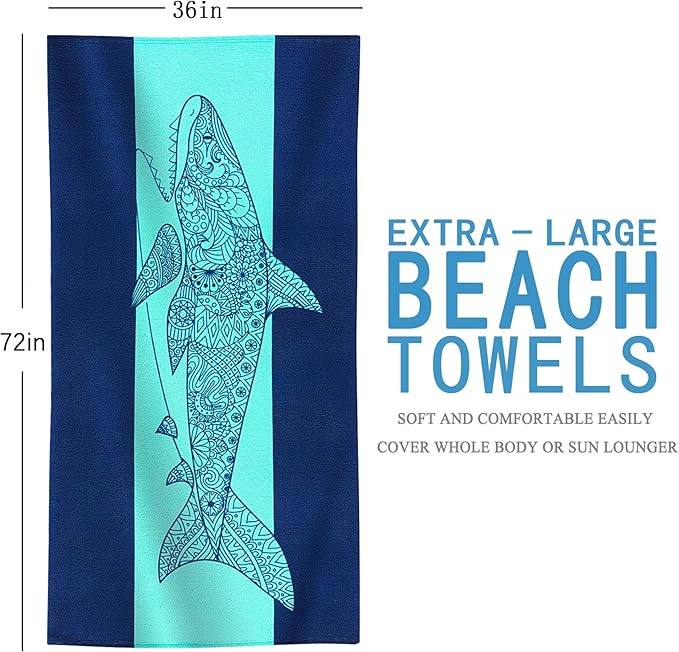 Genovega Oversized Terry Beach Towel 36 x 72 in Soft Extra Large Big Pool Swim Towels for Adult XL Clearance Big Travel Blanket Cruise Vacation Accessories Essentials Lounge Chair Cover Shark