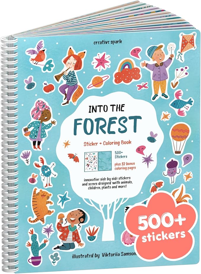 Into The Forest 500+ Kids Sticker Book by Cupkin Toddler Airplane Travel Activity Coloring and Sticker Book, Road Trip Essentials, 12 Coloring Pages 12 Scenes for Ages 2–8 Years