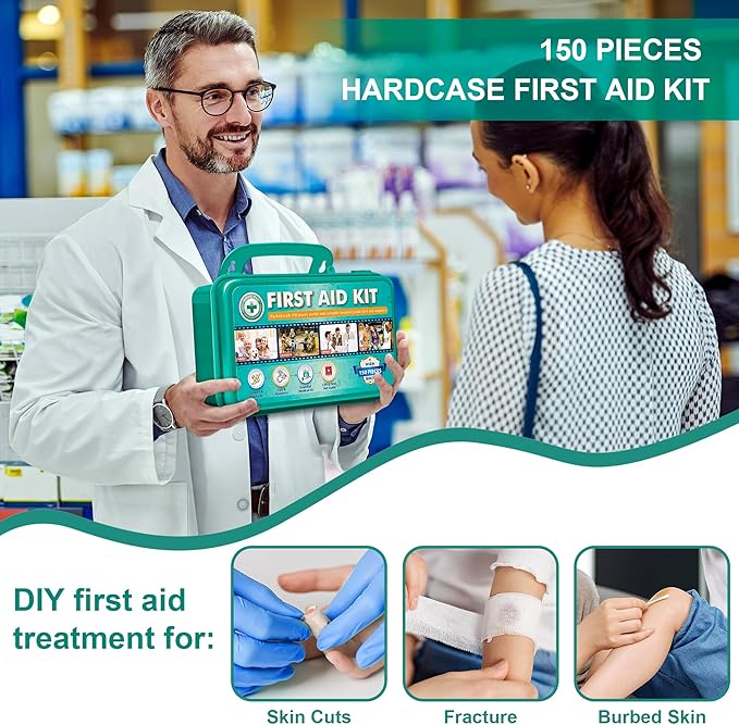General Medi 150 Pieces Hardcase First Aid Kit - First Aid Box Contains Premium Medical Supplies for Travel, Home, Office, Vehicle, Camping, Workplace & Outdoor