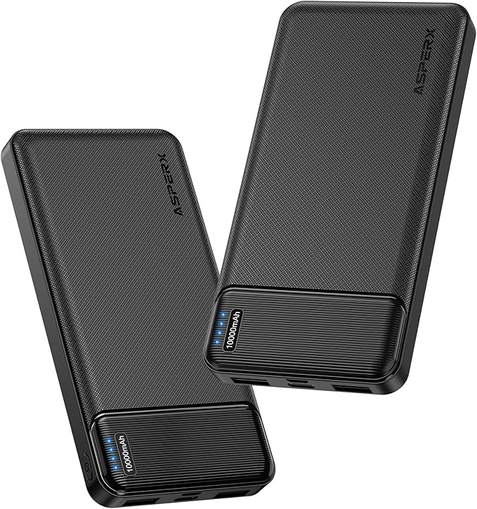 AsperX 2 Pack 10000mAh Portable Charger, USB C Fast Charging Power Bank Input & Output, Travel External Battery Pack Compatible with iPhone Samsung Android Phones, Heated Vest, Dual Black
