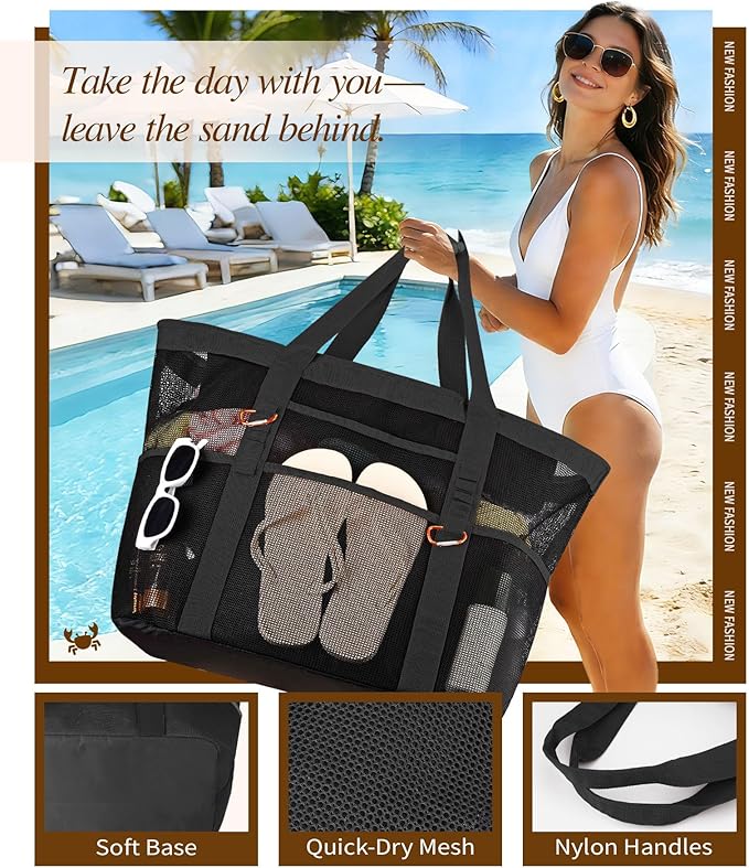2026 Stylish & Spacious XX-Large Beach Bag for Women – Mesh × Canvas Tote with Top Zipper, 11 Tall Pockets | 40L+ Spacious, 11 Tall Pockets, Zipper Pouch, Secure Zip-Top, Sand-Resistant Base