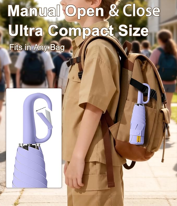 Mini Travel Umbrella with Carabiner Handle UPF 50+ Sun & Rain Protection Portable Manual Open Close Windproof Umbrella Small Compact Portable Parasol for Commuter Kids Women Men