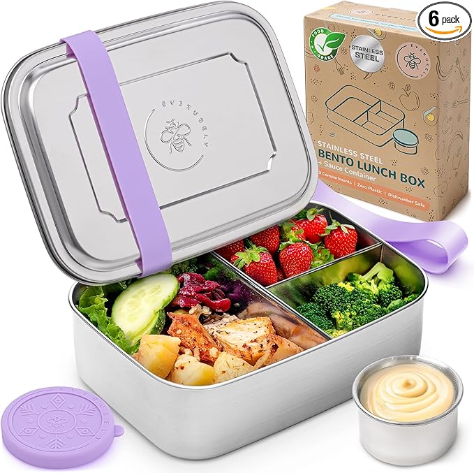 Everusely - Bento Box - Lavender, 47oz / 1.4 L - Large Stainless Steel Lunch Box with Leakproof Condiment Container - 3 Compartment Snack Organizer for On the Go Meals - Freezer & Dishwasher Safe
