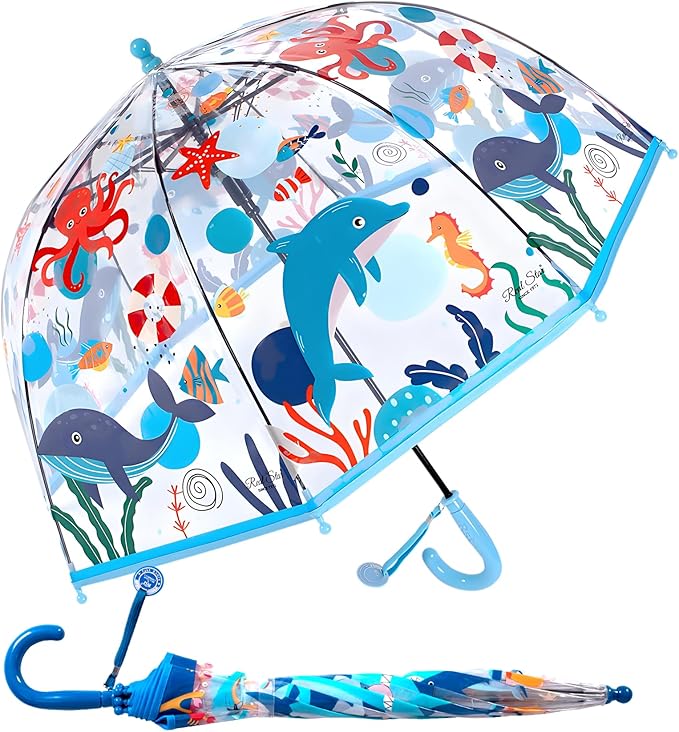 MRTLLOA Kids Clear Bubble Umbrella with an Easy Grip Curved Handle, Safety Transparent Dome Bubble Umbrella for Toddler Boys Girls
