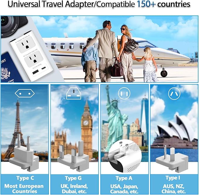 Mapambo Upgraded 2000W 220V to 110V Voltage Converters US to Europe Power Converter for Europe Combo with 1 USB A and 1 USB C International Travel Adapter for Hair Dryer