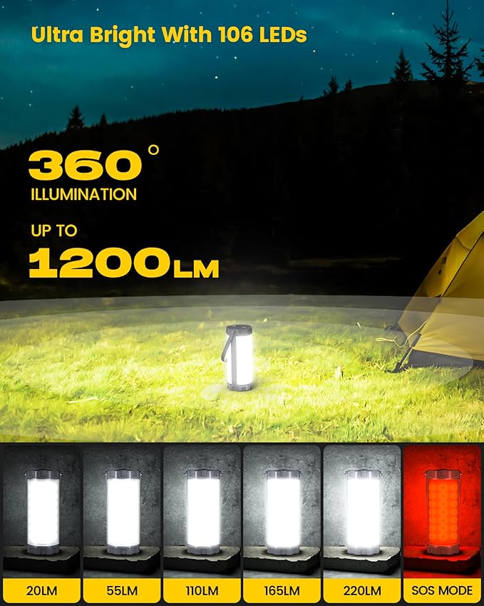 Glocusent 106 LED Camping Lights, Up to 80Hrs, 5000mAh Camping Lantern Rechargeable with 5 Brightness 3 Modes & SOS, IP68 Waterproof, Max 1200LM, Lanterns for Power Outages Hiking Emergency Hurricane