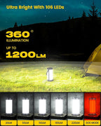 Glocusent 106 LED Camping Lights, Up to 80Hrs, 5000mAh Camping Lantern Rechargeable with 5 Brightness 3 Modes & SOS, IP68 Waterproof, Max 1200LM, Lanterns for Power Outages Hiking Emergency Hurricane