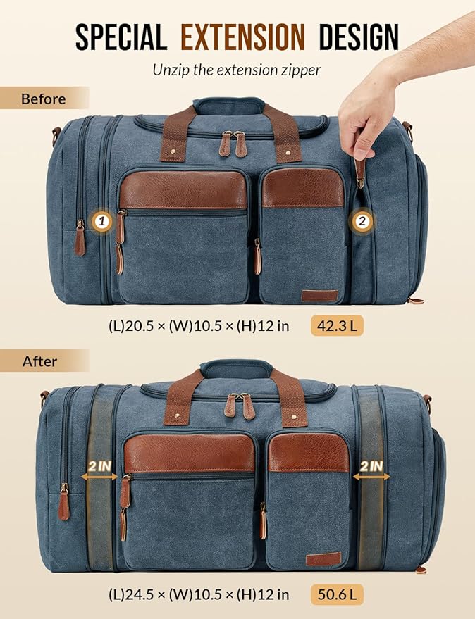 Canvas Duffle Bag for Travel 50L Expandable Travel Duffel Bags for Men Women Overnight Weekend Gym Bag with Shoes Compartment - Navy blue