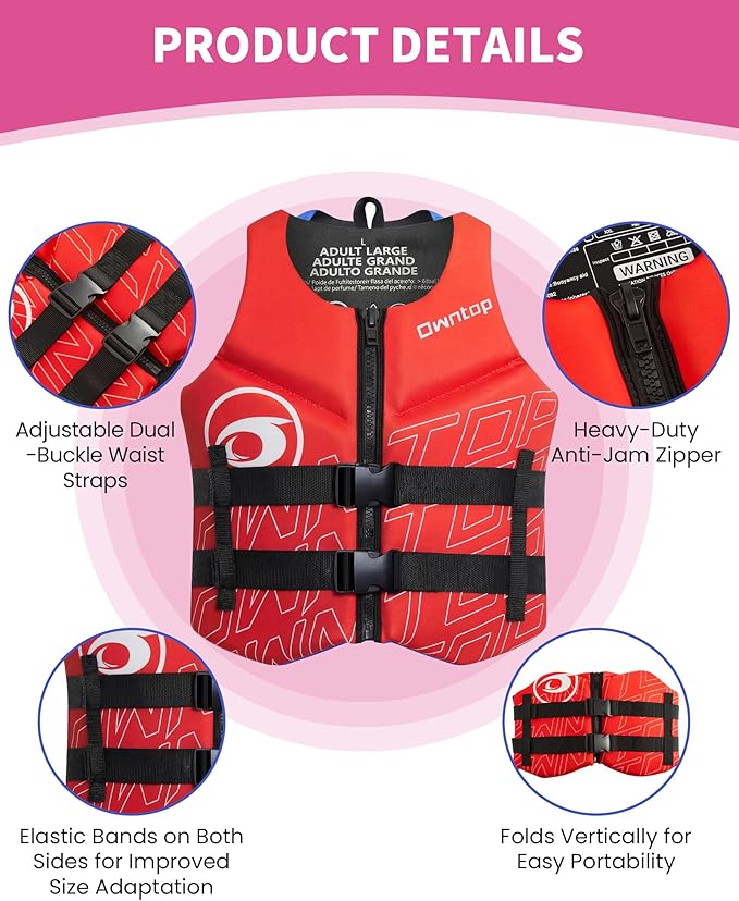 Owntop Swim Vest Adult Water Sport Vest Neoprene Floaties for Swimming, Boating, Kayaking, Fishing | Adjustable Zipper Dual Buckle Foldable Buoyancy Jacket