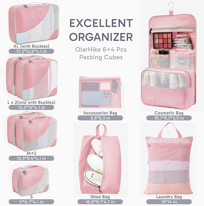 10 Set Packing Cubes for Travel, Gifts for Women Mom,Anti-Tearing Suitcase Organizer,OlarHike Vacation Essentials & Accessories for Cruise Ship