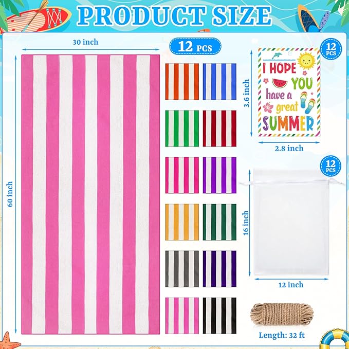 Hahafelt 12 Sets Striped Beach Towels Summer Gift Set 30" x 60" with Cards Organza Bags & Jute Rope, Quick Dry Large Pool Bath Towels Multi-Color for Summer Beach Gifts Swimming Pool Travel Hotel