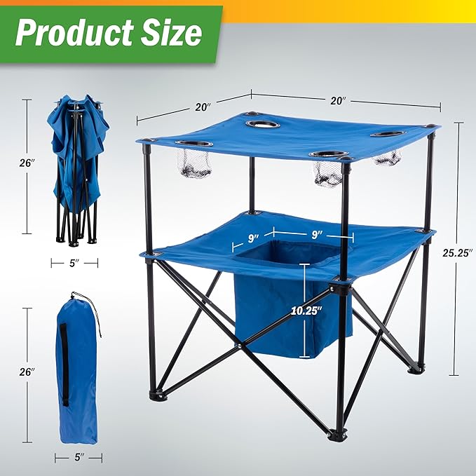 Wakeman Folding Camping Table - Small Folding Table Portable Outdoor Lightweight Tabletop with 4 Cupholders, Food Basket, and Travel Bag for Camp, Beach, or Tailgating Essentials Outdoors (Blue)