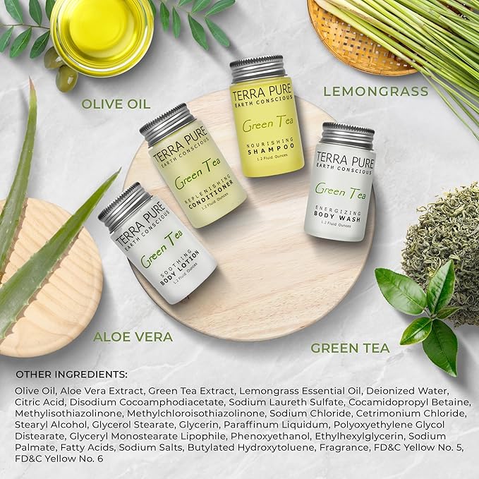 Terra Pure Green Tea Toiletries Set | 1-Shoppe Amenities Kit | 1oz Shampoo & Conditioner, Body Wash, Lotion | Travel Size | 80 Pieces