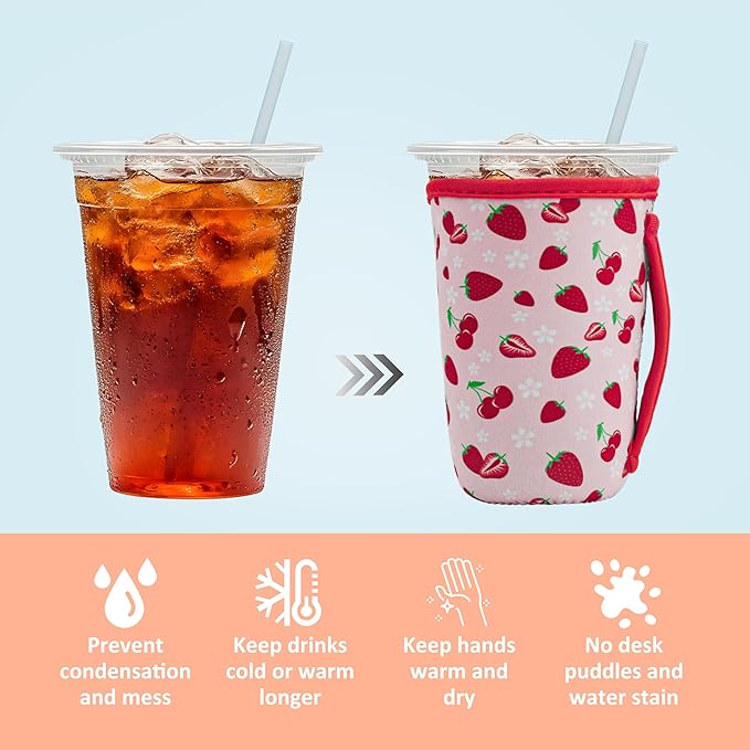 KJQJLY 3 Pack Reusable Iced Coffee Sleeves for Iced Coffee Cups or Drinks Reusable Neoprene Insulated Sleeves for Hot and Cold Drinks from Starbucks, Dunkin, And More (Strawberry)