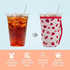 KJQJLY 3 Pack Reusable Iced Coffee Sleeves for Iced Coffee Cups or Drinks Reusable Neoprene Insulated Sleeves for Hot and Cold Drinks from Starbucks, Dunkin, And More (Strawberry)
