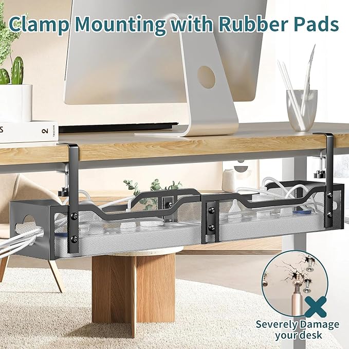 Under Desk Cable Management Tray 32'', Cable Management Under Desk No Drill, Cable Organizer with Clamp for Wire Management, Cord Organizer for Office, Home - No Damage to Table (Black)