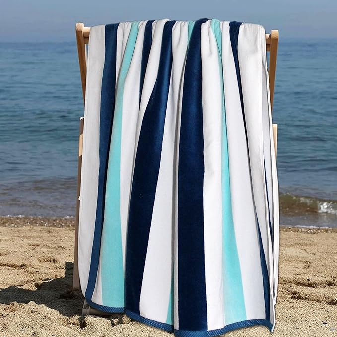 COTTON CRAFT Oversized Beach Towels - 2 Pack XXL 35x84 - The Big Kahuna 7 Foot Extra Large Beach Blanket Towel - Big & Tall - Huge 100% Cotton Velour Plush Soft Luxury Towel - Cabana Stripe Blue