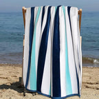 COTTON CRAFT Oversized Beach Towels - 2 Pack XXL 35x84 - The Big Kahuna 7 Foot Extra Large Beach Blanket Towel - Big & Tall - Huge 100% Cotton Velour Plush Soft Luxury Towel - Cabana Stripe Blue