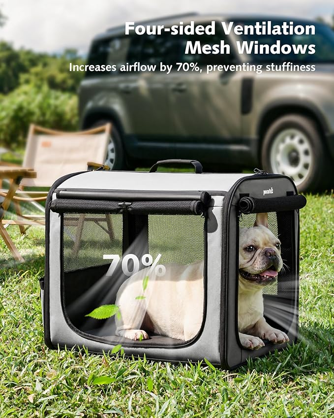 Dog Car Carrier Light Weight 24×17.7×20.5in, Dog Carrier Easy to Assemble, Dog Car Crate Portable and Breathable, Foldable Pet Carrier for Indoor and Outdoor, Dog Travel Crate with Curtain Gray