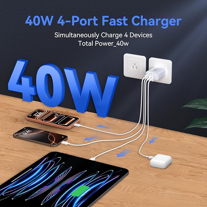 USB C Wall Fast Charger Block, 40W 4-Port Type C Chargers Fast Charging Blocks PD Power Charger Adapter+QC 3.0 USB Multiport Charger Brick for Phone 17/16/15/14/13/12 Pro Max, i-Pad, Galaxy S25-3Pack