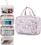 Narwey Travel Toiletry Bag for Women Large Hanging Makeup Bag Organizer Toiletries Bag for Full Size Essentials Accessories Cosmetics (Dusty Pink Flower (Large))