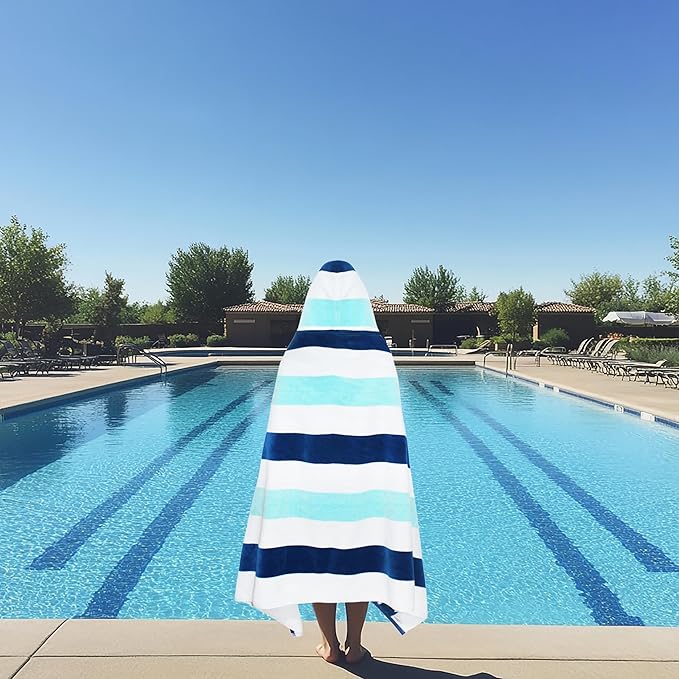 COTTON CRAFT Hooded Beach Towel - Oversized XXL 35x84 Towel with Hood for Adults - The Big Kahuna 7 Foot Beach Blanket Towel - Big & Tall Soft 100% Cotton Velour - Pool Bath Wrap - Cabana Stripe Blue