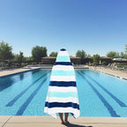 COTTON CRAFT Hooded Beach Towel - Oversized XXL 35x84 Towel with Hood for Adults - The Big Kahuna 7 Foot Beach Blanket Towel - Big & Tall Soft 100% Cotton Velour - Pool Bath Wrap - Cabana Stripe Blue