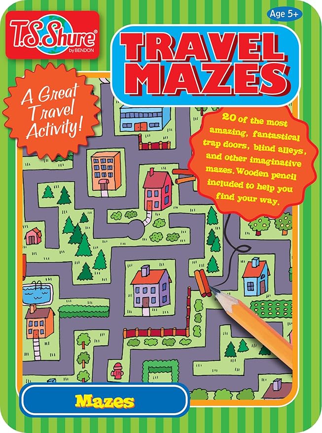 TS Shure by Bendon Travel Games Mazes Mini Activity Tin with 20 Illustrated Activity Sheets and Pencil and Tin 50438