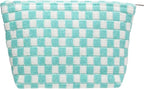 PAZIMIIK Knitted Checkered Makeup Bag Large Zipper Make Up Accessory Pouch for Purse Cosmetic Brush Bag for Travel Essential Arctic Blue
