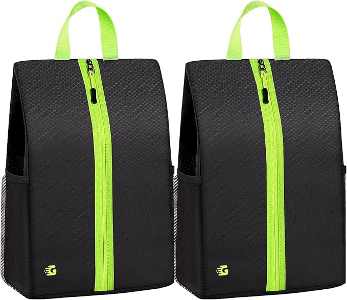 GLORIEROO Smell Proof Shoe Bags for Travel-Soccer Cleat Bag Smell Proof with Active Carbon Fabric | Odor-Absorbing Water-Resistant Track Shoe bags for Sports (2 Black with Green, UP TO US14)