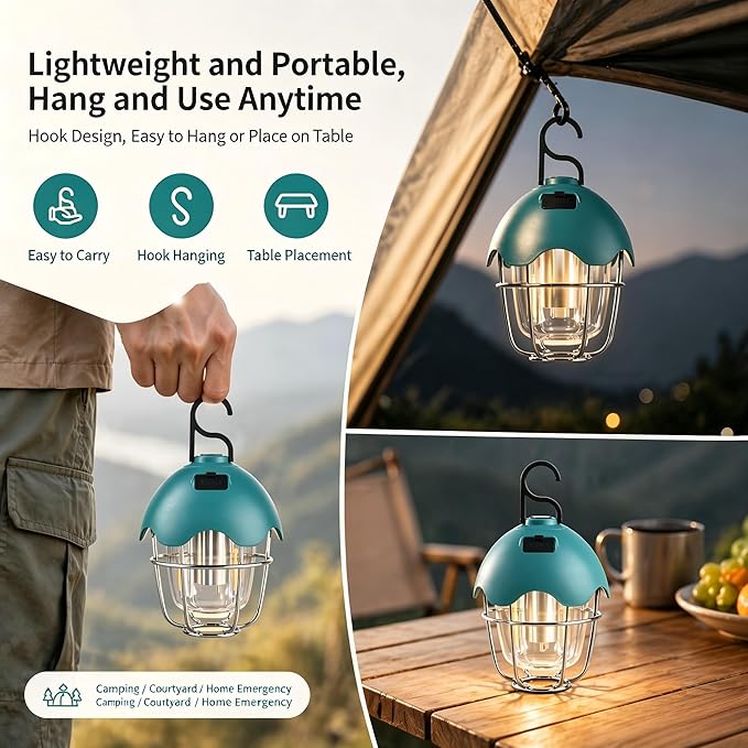 HOMY LED Camping Light Rechargeable Waterproof Vintage Tent Light with Warm Glow, Dimmable Outdoor Lantern for Camping, Emergencies, and Power Outages