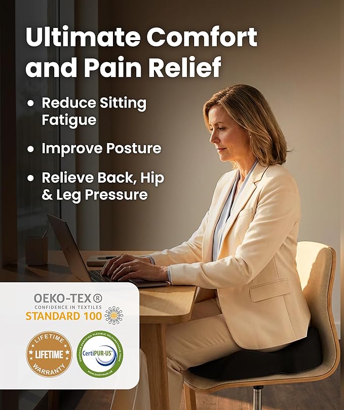 Everlasting Comfort Doctor Recommended Memory Foam Seat Cushion for Office Chairs & Car - Ergonomic Office Desk Accessories - Cushions for Tailbone Pain Relief, Sciatica