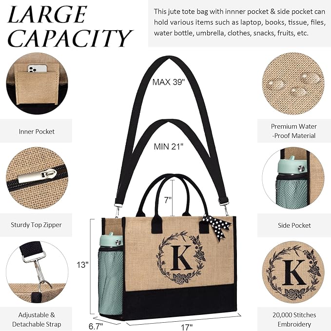 Personalized Gifts for Women Tote Bag, Initial Jute Tote Bag & Makeup Bags Monogrammed Beach Bag w/ Zipper, Mothers Day Birthday Gifts for Women Her Friends Mom Daughter Sister Grandma Teacher Nurse