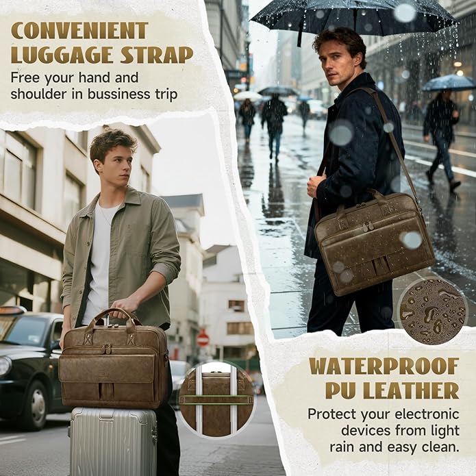RAINSMORE Mens Laptop Bag PU Leather Messenger Bag 15.6 Inch Briefcase Vintage Computer Satchel Bag for Work Business