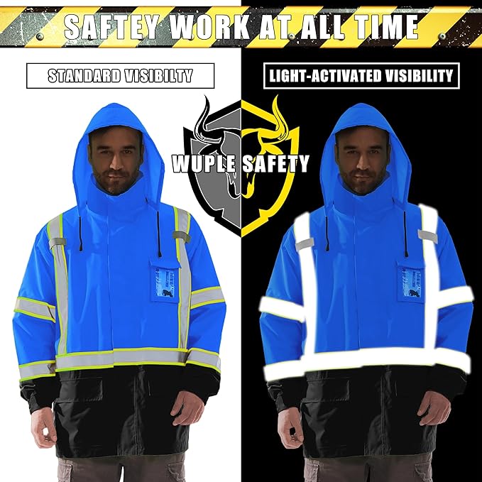 Hi Vis Safety Rain Jacket for Men Women Waterproof Breathable Rain Gears with Mesh Lining Black Bottom Lightweight Work Jacket Blue L/XL