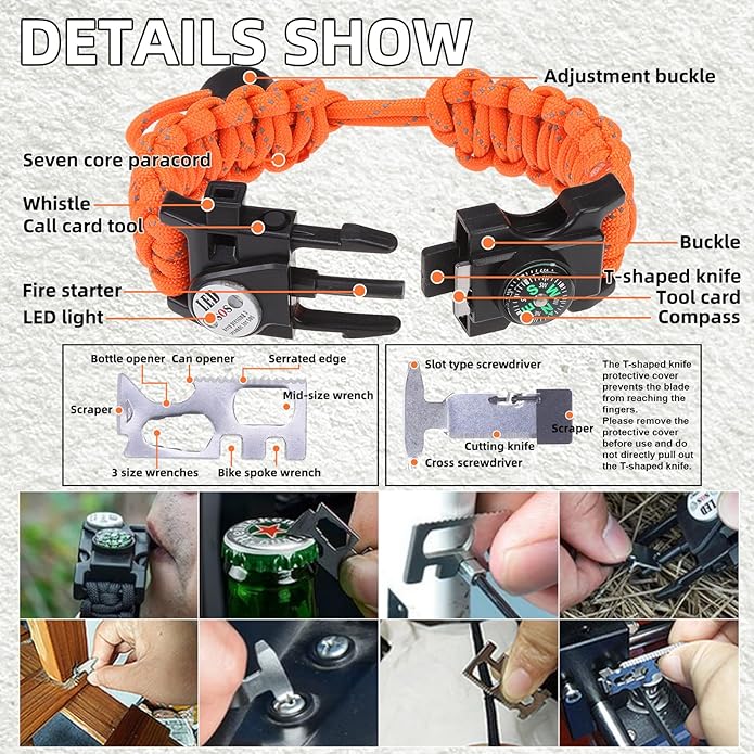 Survival Bracelets, Paracord Bracelets (2 pcs) with Loud Whistle Light Flint, Adjustable Compass Bracelet for Outdoor Camping Hiking Fishing Hunting, Multitools Tactical Gear, Bearable 300 lb