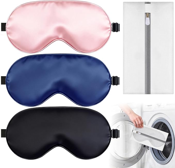 Sleep Mask, Silk Eye Mask for Sleeping with Adjustable Strap, Blindfold Eyeshade for Men & Women, Comfortable & Soft Eye Cover Eyeshade for Night Sleep（Black&Blue&Pink&1 Laundry Bag）