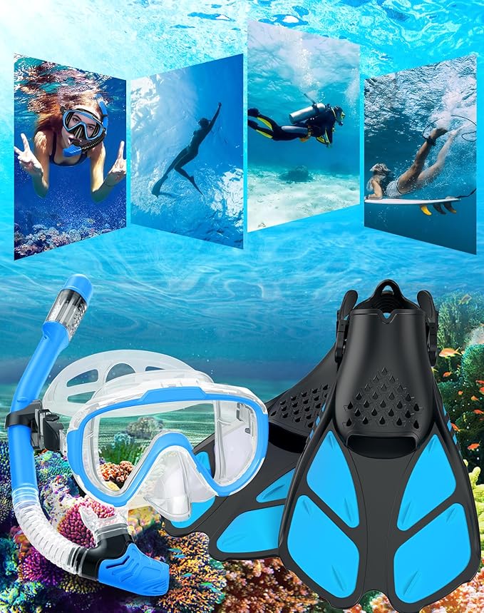 Ubekezele Snorkeling Gear for Adults Men Women,4 in 1 Snorkel Set with Panoramic View Diving Mask Anti-Fog Anti-Leak,Dry Top Snorkel,Fins and Travel Bag for Swimming,Snorkeling and Travel Diving