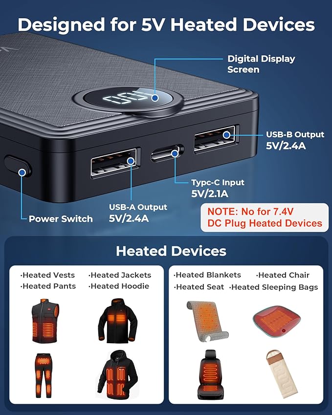12000mAh Heated Vest Battery Pack, 5V 2A Power Bank for Heated Vest, Chair, Jacket, Blanket with LED Display, Rechargeable 5V Battery Pack for Loowoko, for KOVNLO, for WUEAOA, for TIDEWE(No 7.4V)