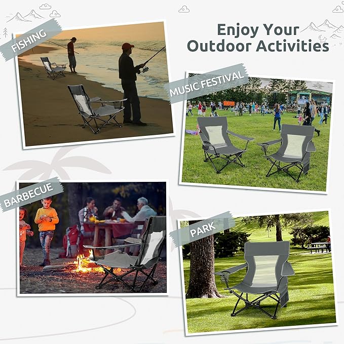 HaSteeL Folding Beach Chair Set of 2, Foldable Grey Camping Chairs for Outside, Low Beach Chair Portable for Adults Fishing, Picnic, Outdoor BBQ, Travel, Sports, Cup Holder & Storage Bag