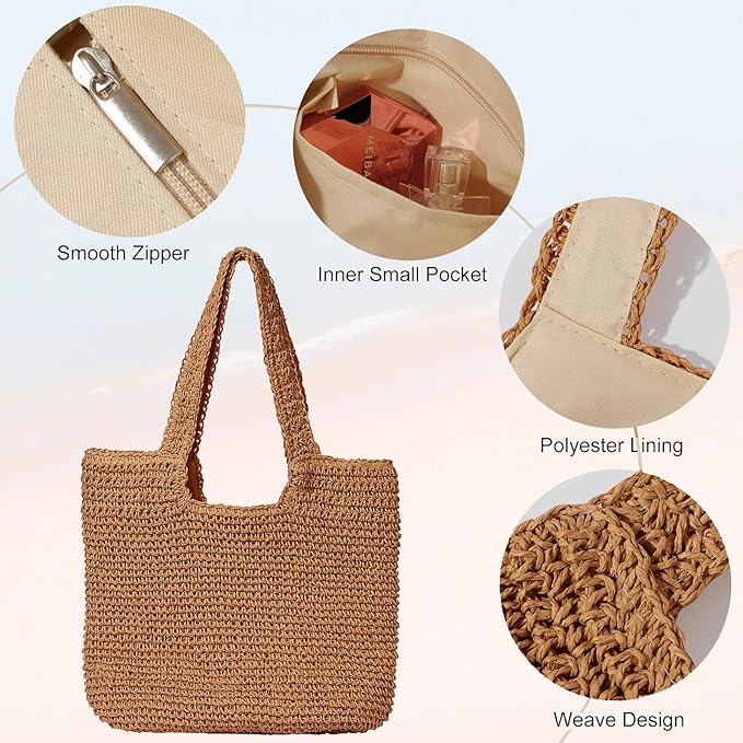 GOLDTIMO Beach Bags for Women - Summer Soft Large Woven Shoulder Purse Handbag, Beach Tote Straw Bag for Summer Vacation