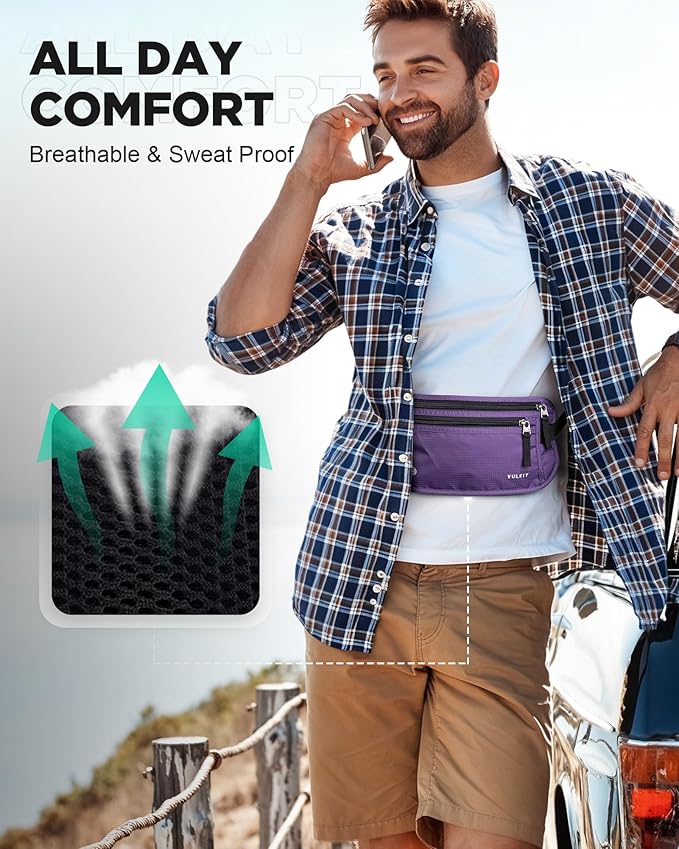 VULKIT Money Belt for Travel, Hidden Passport Holder, Anti-Theft Travel Wallet Under Clothes, RFID Blocking Waist Pouch, Undercover Fanny Pack, Violet Purple