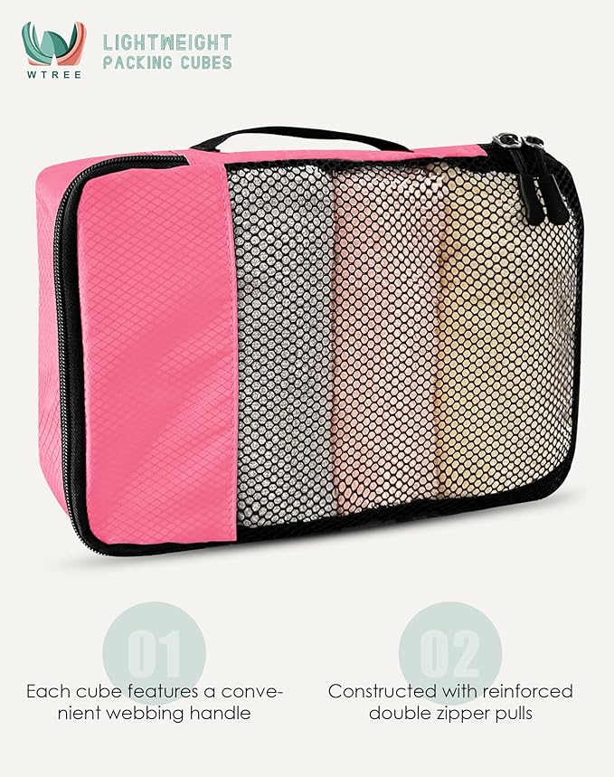 WTREE 4-Piece Packing Cubes Travel Accessories Set for Suitcases - Luggage Organizer Bags with Double Zipper - Mesh Top - Large - Pink