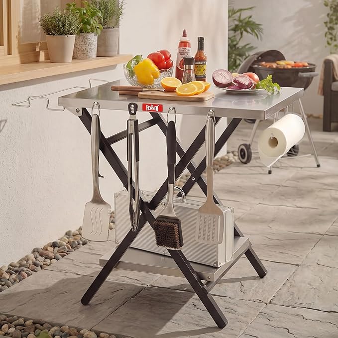 Feasto Outdoor Grill Table, Foldable Pizza Oven Stand & Griddle Stand with Garage Rack & Tissue Holder, Folding Outdoor Prep Table for Gathering and Party, 30" x 24", Stainless Steel