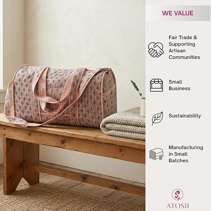 ATOSII Handblock Print 100% Cotton Large Quilted Duffle Bag for Overnight Trip, Travel Weekend Bag, Luggage, 2 Pockets with Zipper, 1 Front Pocket, Detachable Long Strap, 20 X 10 X 12 Inches, Pebble