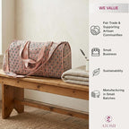 ATOSII Handblock Print 100% Cotton Large Quilted Duffle Bag for Overnight Trip, Travel Weekend Bag, Luggage, 2 Pockets with Zipper, 1 Front Pocket, Detachable Long Strap, 20 X 10 X 12 Inches, Pebble
