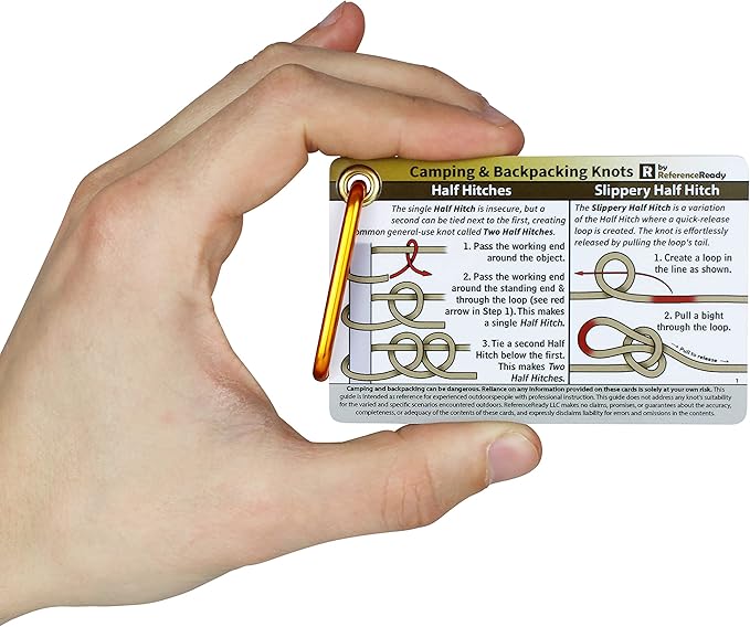 ReferenceReady Outdoor Knots Pocket Guide - Waterproof Knot Tying Cards with Mini Carabiner, 22 Rope Knots for Camping, Backpacking, Scouting and Wilderness Survival