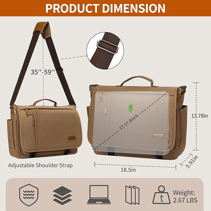 ESTARER Messenger Bag 17-17.3 Inch, Men's Computer Bag Water-resistant Canvas, Laptop Shoulder Bag for Travel Work College, Brown