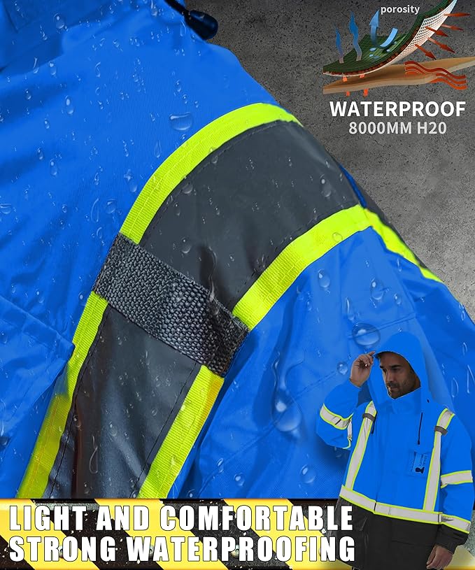 Hi Vis Safety Rain Jacket for Men Women Waterproof Breathable Rain Gears with Mesh Lining Black Bottom Lightweight Work Jacket Blue L/XL